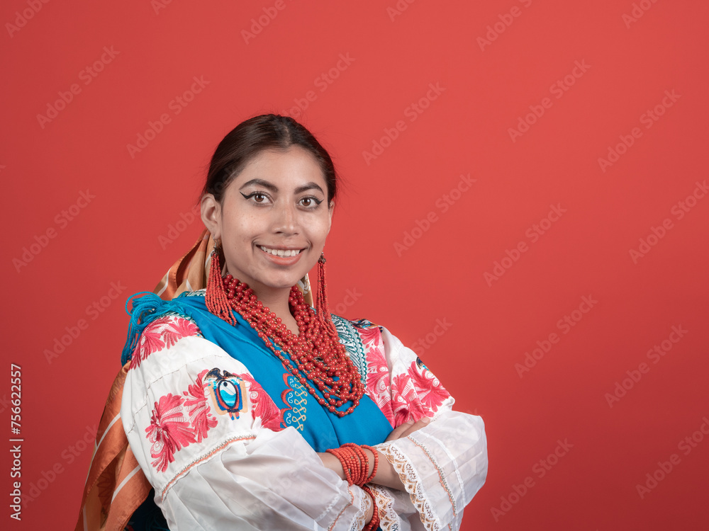 hispanic girl dressed in cayambe costume happy on red background hispanic girl dressed in cayambe costume happy on red background
