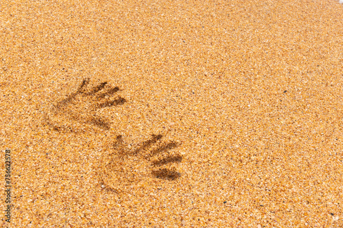 Prints of two women s hands on golden sea sand. Sea holiday symbol.