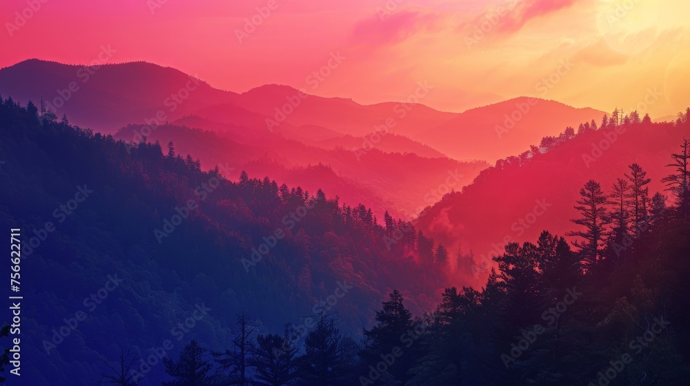 Obraz premium Colorful Sunset Over Mountain Range With Trees