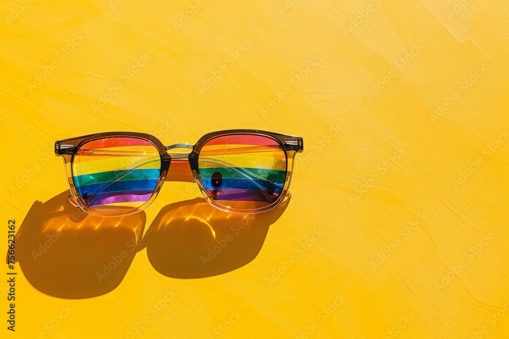 A pair of colorful rainbow glasses resting on a bright yellow background, creating a cheerful and playful aesthetic. A pair of colorful rainbow glasses resting on a bright yellow background, creating a cheerful and playful aesthetic.