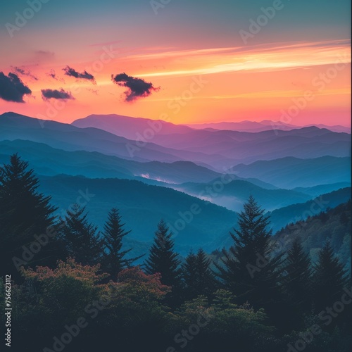 Sunset View of Mountain Range With Trees