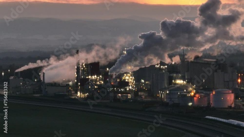 Aerial drone view of methanol and ethanol factory. Polish producer of bioethanol and ethanol produced from corn grain. The production plant is located near Nysa in Poland. Methanol and ethanol plant.	