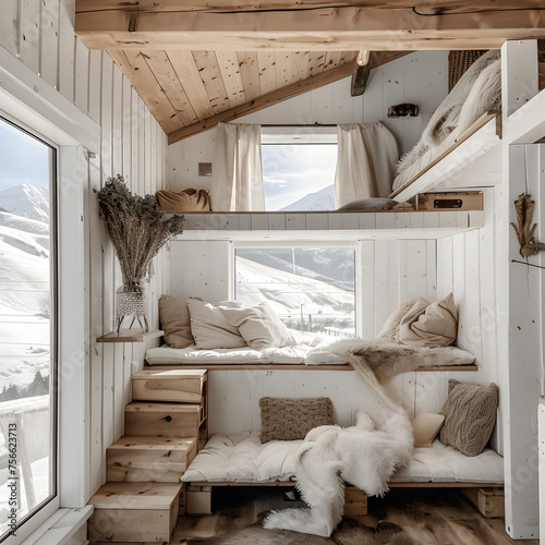 tiny house with 2 floors, cozy white and wood interior, small space, minimalistic decor, big window with views of the snowy mountains, rural area, soft color. 3d render.