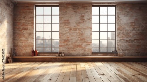 Empty room with big window in soft shadow light, brick wall and wooden floor background, mockup copy space