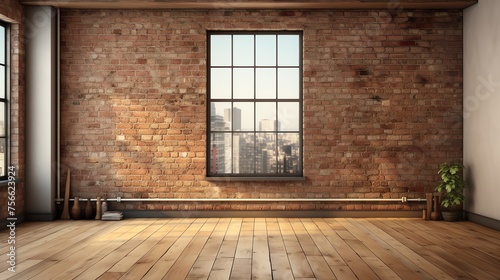 Empty room with big window in soft shadow light  brick wall and wooden floor background  mockup copy space