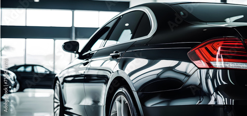 Sleek Black Luxury Car from Back in a Modern Showroom - Car Insurance & Leasing Showcase. Generative AI. © Nadir Ikram