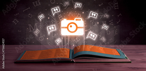 Open book with social networking icons above