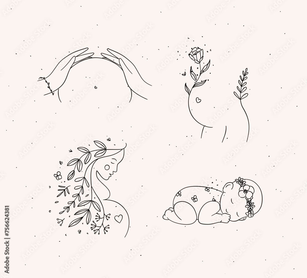 Pregnancy symbols female torso, silhouette of a pregnant woman, sleeping child drawing in floral hand-drawing style with black on beige background