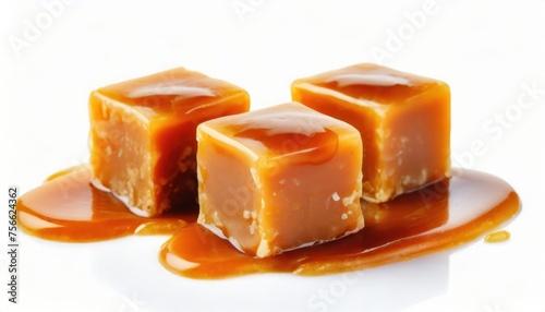 Three sweet caramel candy cubes topped with caramel sauce isolated on white background  © blackdiamond67