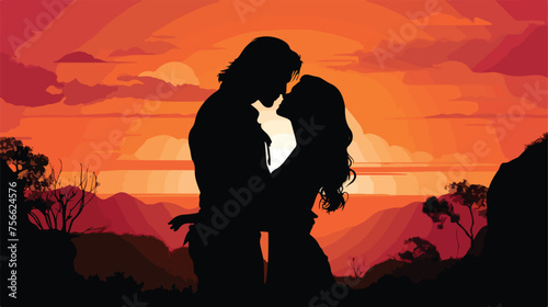Silhouette of couple kissing in sunset dramatic 