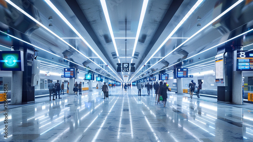 A modern urban transport hub with digital displays providing real-time scheduling information to commuters. 8K -