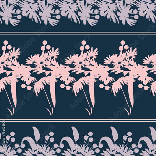 Hand-drawn seamless pattern with floral print. Contour silhouette of flowers, leaves in pink and blue shades. Vector pattern for printing on fabric, gift wrapping, covers, wallpapers.