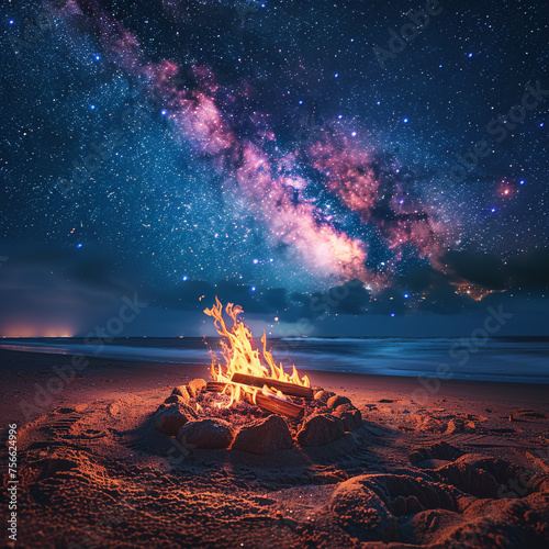 A fire pit crackles on a sandy beach under a galaxyfilled sky with the coals glowing brightly against the dark cool sands ready for grilling photo