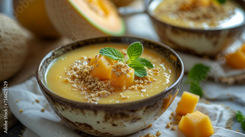 Creamy melon soup with breadcrumbs