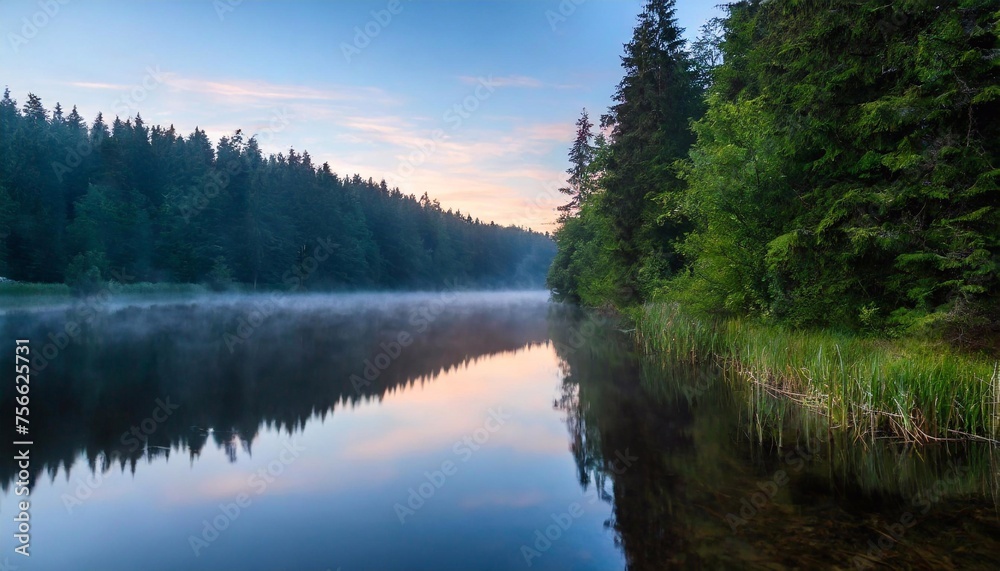 Foggy morning at the lake in the forest. Landscape.