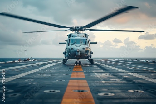 Military helicopter landing on an aircraft carrier at sea during a cloudy sunset photo