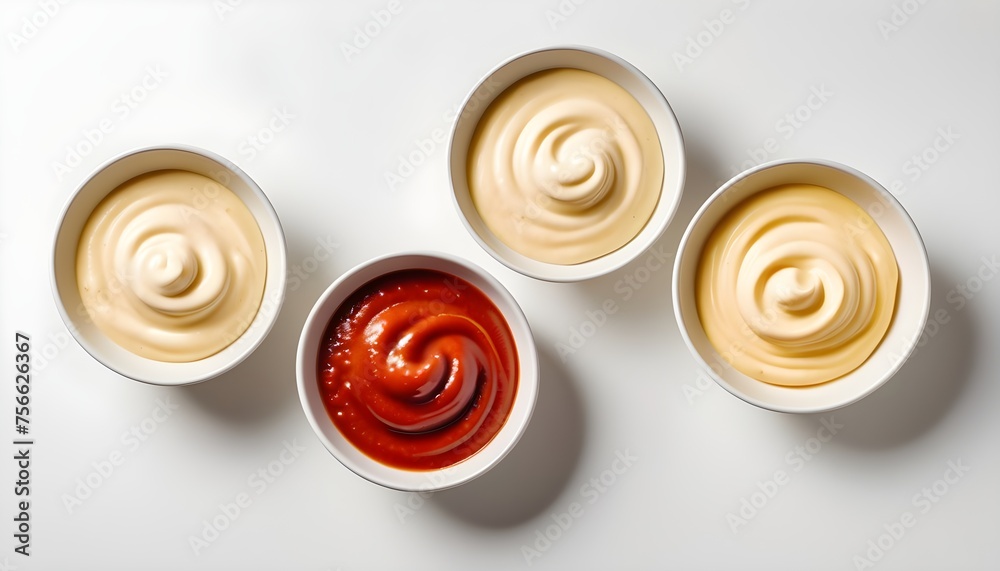 Bowls of ketchup mayonnaise and mustard isolated on white background, Bowls of ketchup mayonnaise and mustard isolated on white background,