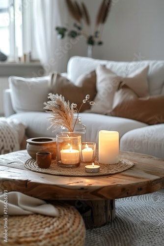 Cozy Living Room With Candles on Coffee Table