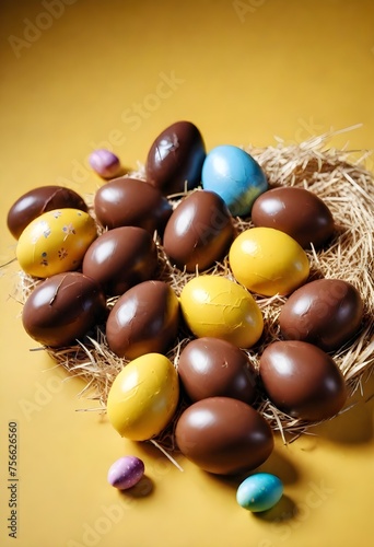Chocolate easter eggs in a basket