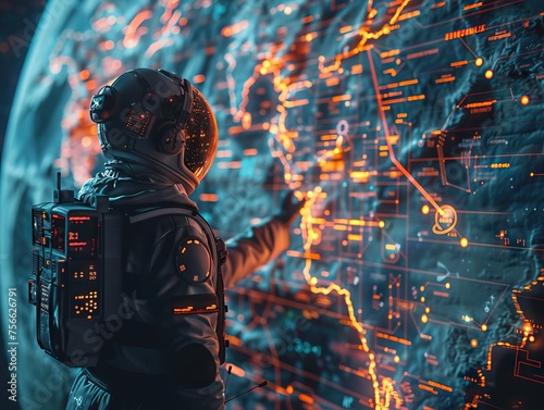 Cybernetic astronaut adventurer decoding holographic maps