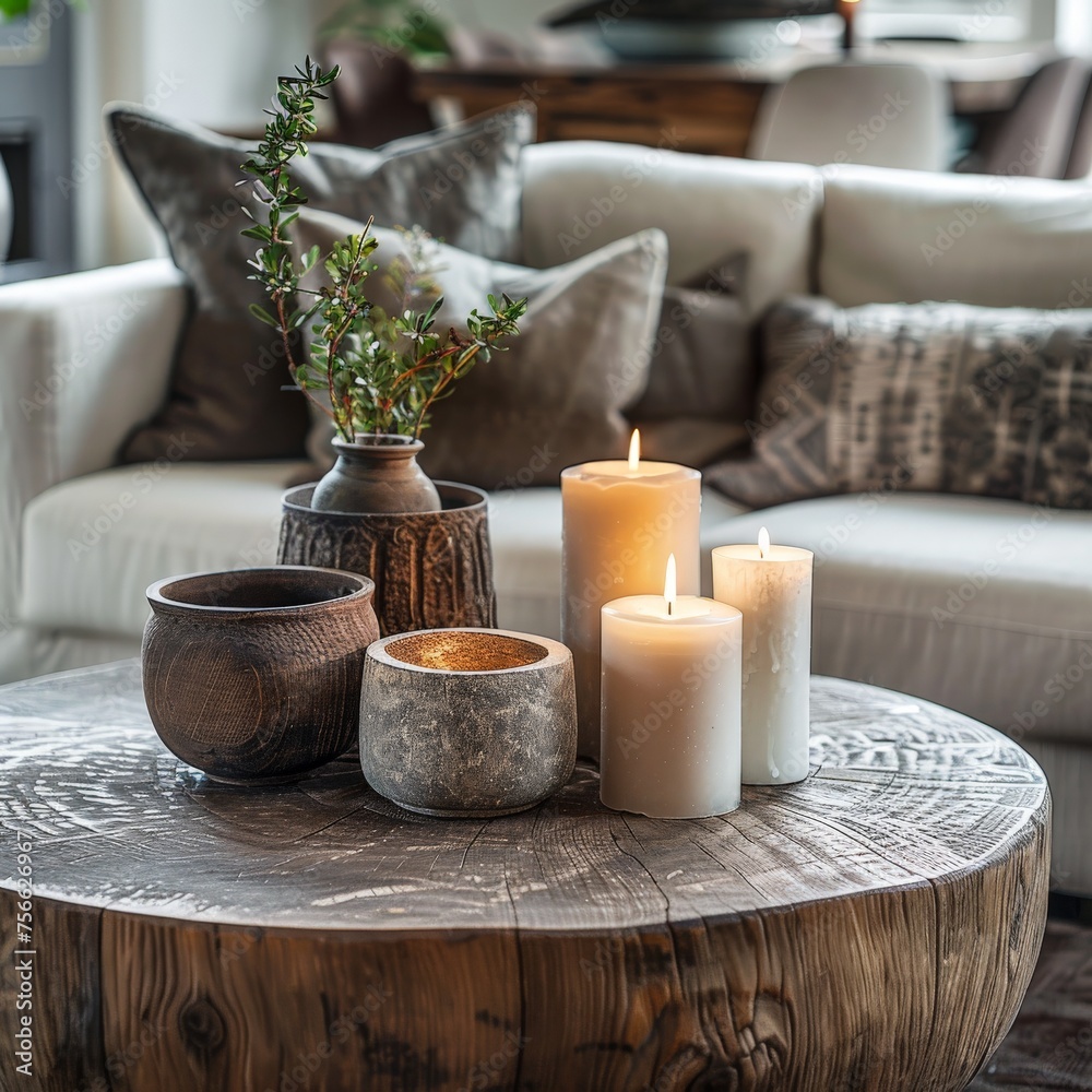 Wooden Table With Candles by Couch