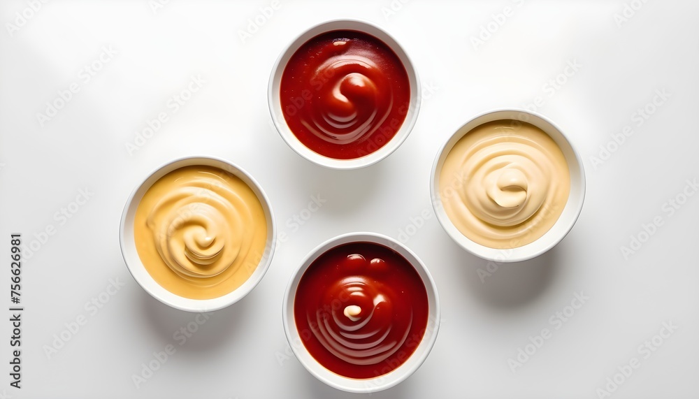 Bowls of ketchup mayonnaise and mustard isolated on white background, Bowls of ketchup mayonnaise and mustard isolated on white background,