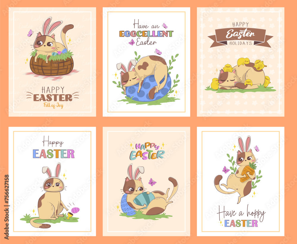 Set of holiday cards for Easter with a cute cartoon cat in a bunny suit and pun phrases