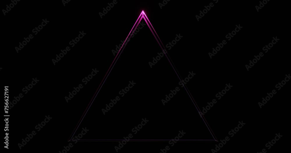 Triangular frame with glowing neon line. Purple web triangle illuminated by 3d render luminous line moving along perimeter
