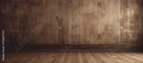 A building with brown hardwood flooring and walls made of wooden planks. The wood stain and varnish create a beautiful pattern of tints and shades