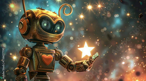 Space explorer robot with a heart, holding a star, galaxy background © Nuchylee