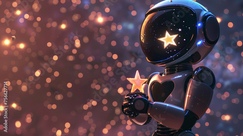 Space explorer robot with a heart, holding a star, galaxy background