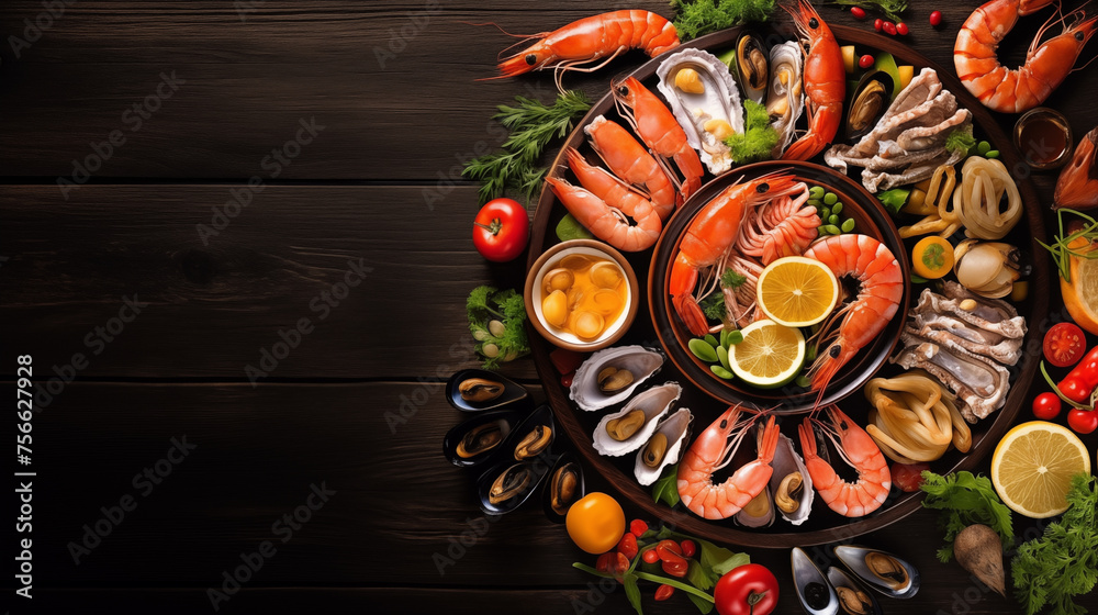 A large seafood menu: shrimp, oysters, mussels, scallops, arranged on large round plates. The photo was taken from above, showing a full plate of food, with a wooden background on the plate.