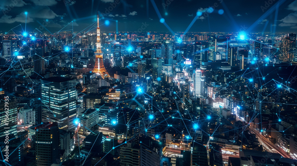 A network of fiber optic cables stretching across a vibrant urban landscape, connecting businesses to the digital world. 8K -