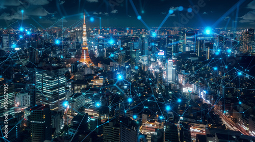 A network of fiber optic cables stretching across a vibrant urban landscape, connecting businesses to the digital world. 8K -