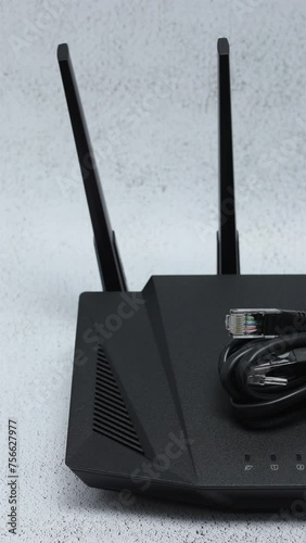 Wireless WIFI Router On Office Table Background. Panning Dolly Slider Shot. Vertical.