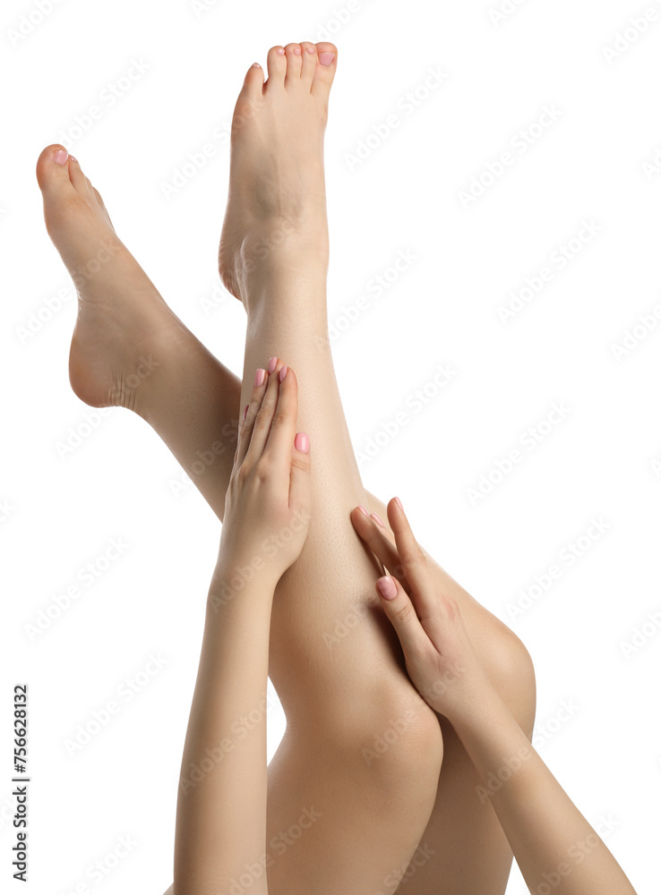 Woman with beautiful legs isolated on white, closeup Woman with beautiful legs isolated on white, closeup