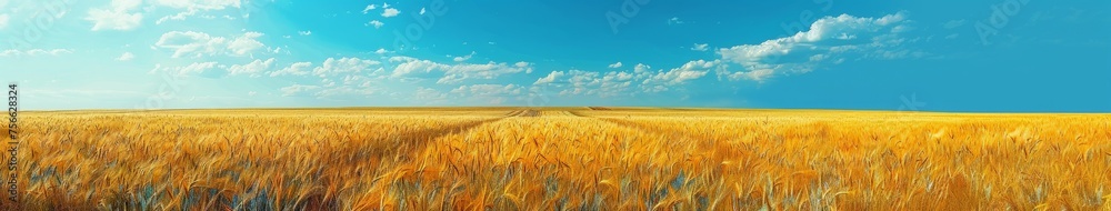 Wheat Field Painting With Blue Sky