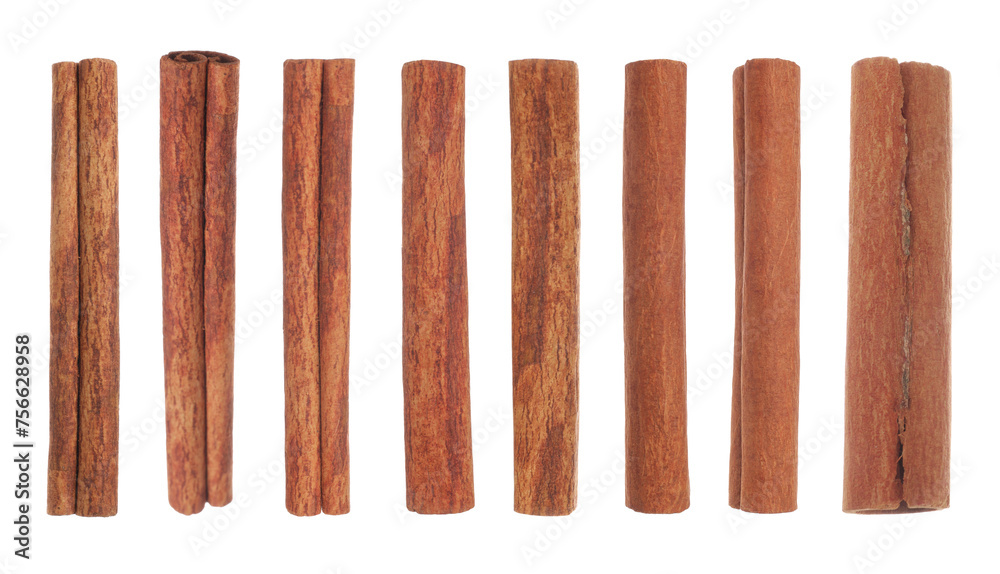 Aromatic dry cinnamon sticks isolated on white, set Aromatic dry cinnamon sticks isolated on white, set