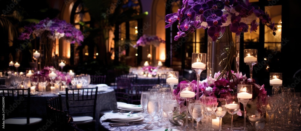 The building was beautifully decorated with violet flowers and magenta candles for the wedding reception. The elegant flower arrangements added a touch of sophistication to the event