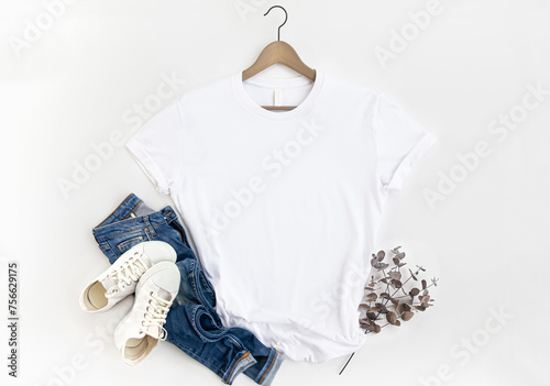 White womans cotton Tshirt mockup with eucalyptus , jeans, sneakers on white background. Design t shirt template, print presentation mock up. 3001 Top view flat lay.