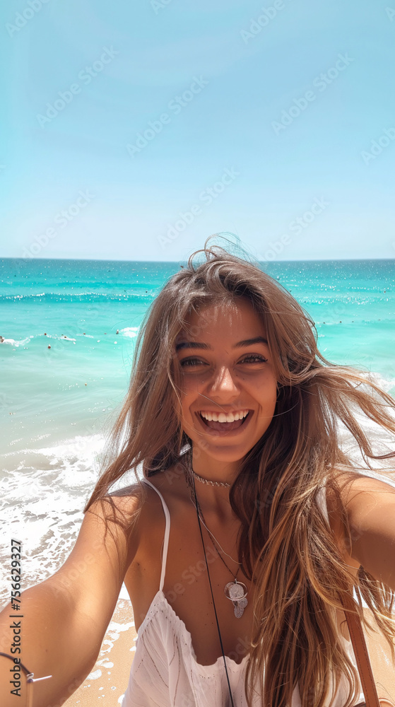 Young woman taking a selfie on the beach. Happy girl on the beach. AI. Young woman taking a selfie on the beach. Happy girl on the beach. AI.