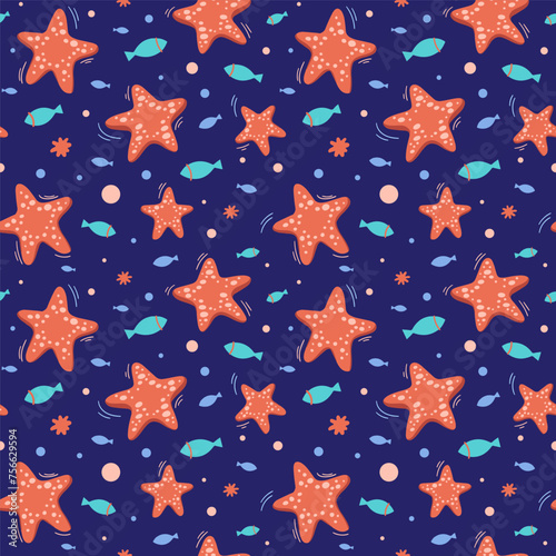 Seamless pattern with red starfish and turquoise fish on a blue background. Cartoon sea animal, inhabitant of the seabed. Exotic sea creature. Fauna of the tropical sea. Flat vector illustration.