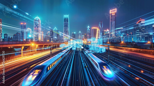 A network of high-speed trains zooming across sleek, modern tracks, representing the seamless connectivity and efficiency of a smart city's transportation system. 8K -