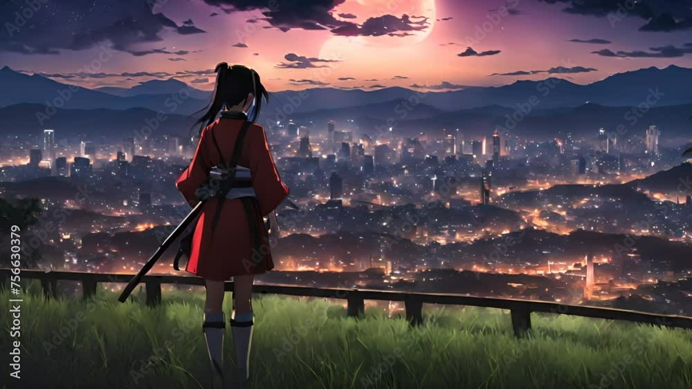 anime girl standing and looking at a city at night anime girl standing and looking at a city at night