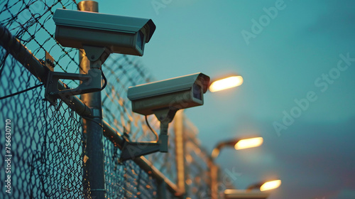 A network of security cameras installed along a perimeter fence, equipped with motion sensors and night vision capabilities, ensuring round-the-clock surveillance. 8K. -
