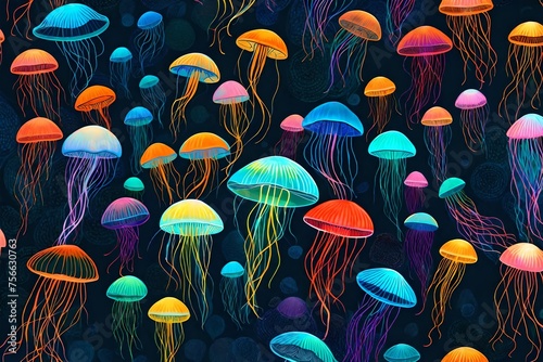 jellyfish in the water, Dive into a mesmerizing underwater world with glowing sea jellyfishes floating against a dark background in this neural network-generated art © SANA
