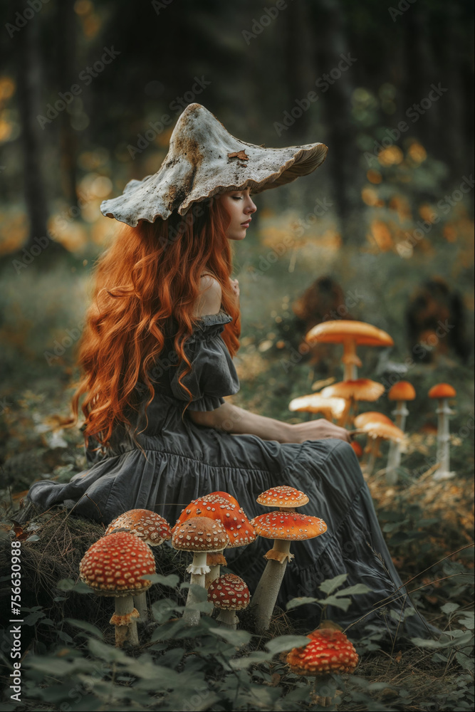 Obraz premium Red-haired woman with mushroom hat