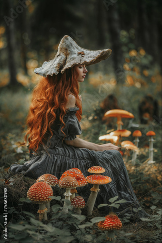 Red-haired woman with mushroom hat