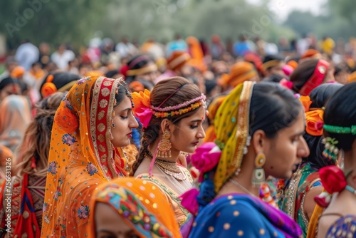 Cultural festival in India, people dressed in colorful attire, multitude of women in bright traditional dresses congregate, their intricate garb highlighting cultural beauty and unity.