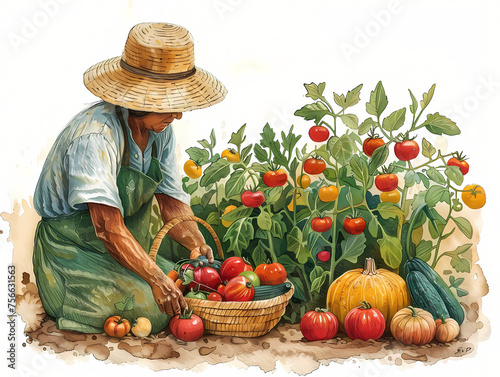 Une jardinière à genou dans son potager avec un tablier et un chapeau de paille récoltant des tomates et des courges dans un panier en osier  photo